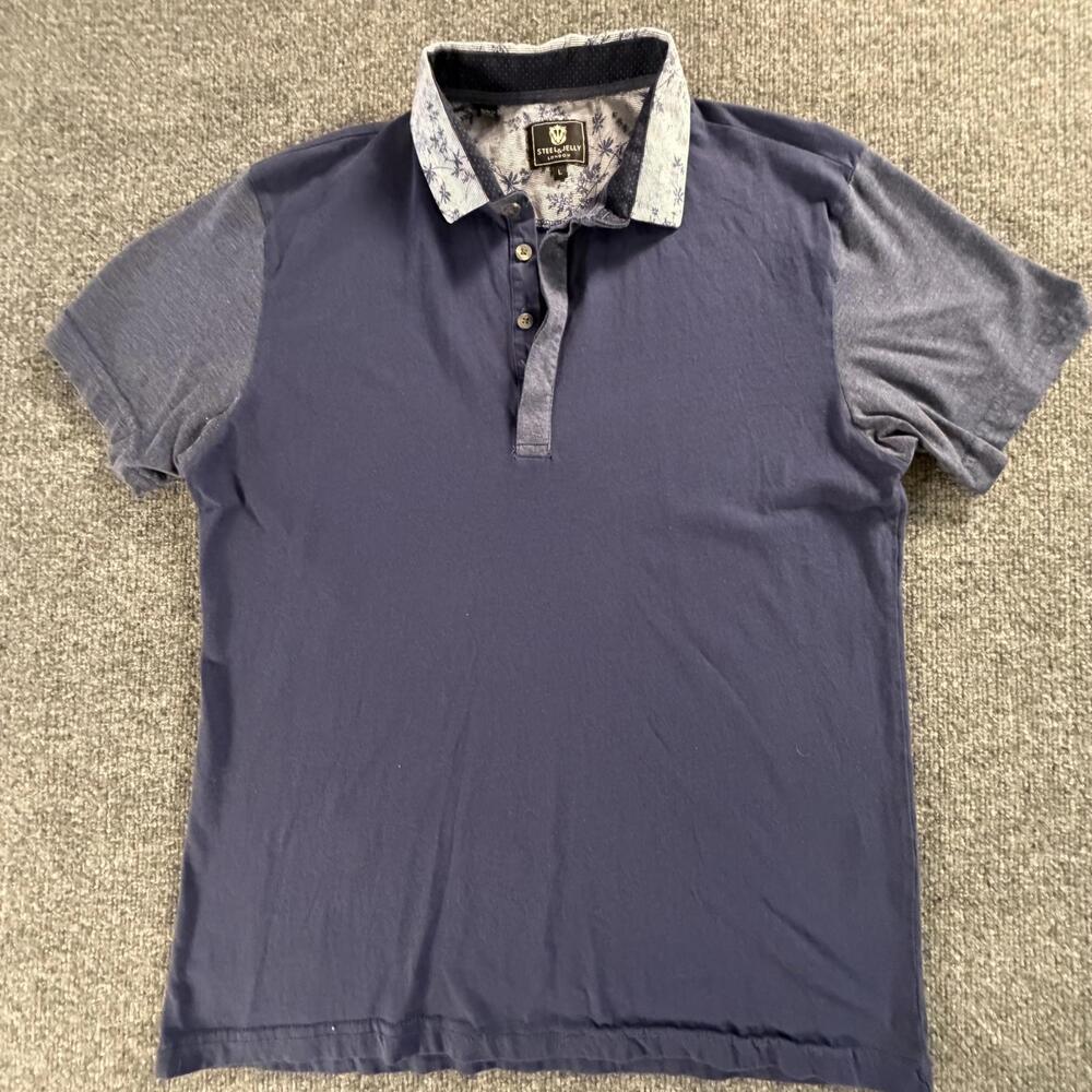 Steel‎ & Jelly Mens Navy Blue Cotton Polo Shirt Floral Collar Size L #791